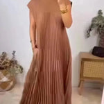 Short Sleeve Pleated Long Maxi  Dress Summer Round Neck Swing Dress Women's Clothing