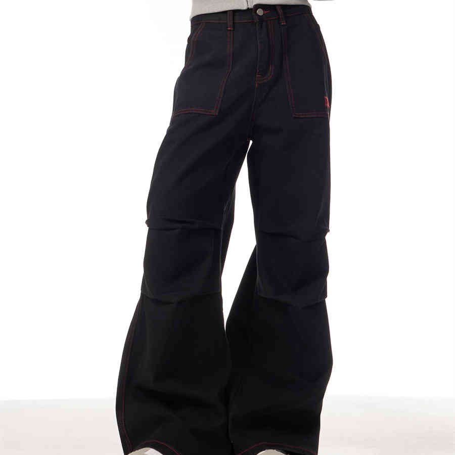 Contrasting Color Of Black And Red Workwear With Pocket Trousers