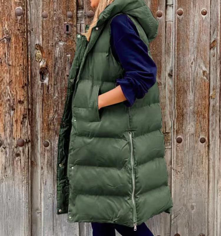 Pure Color Hooded Long Cotton Quilted Puffer Vest Casual