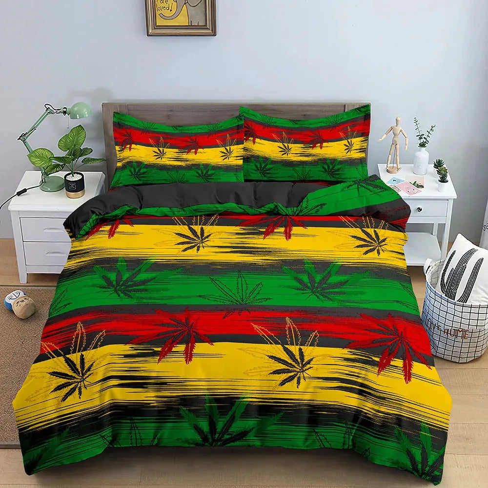 Juego de ropa de cama de hoja de hierba psicodélica colorida