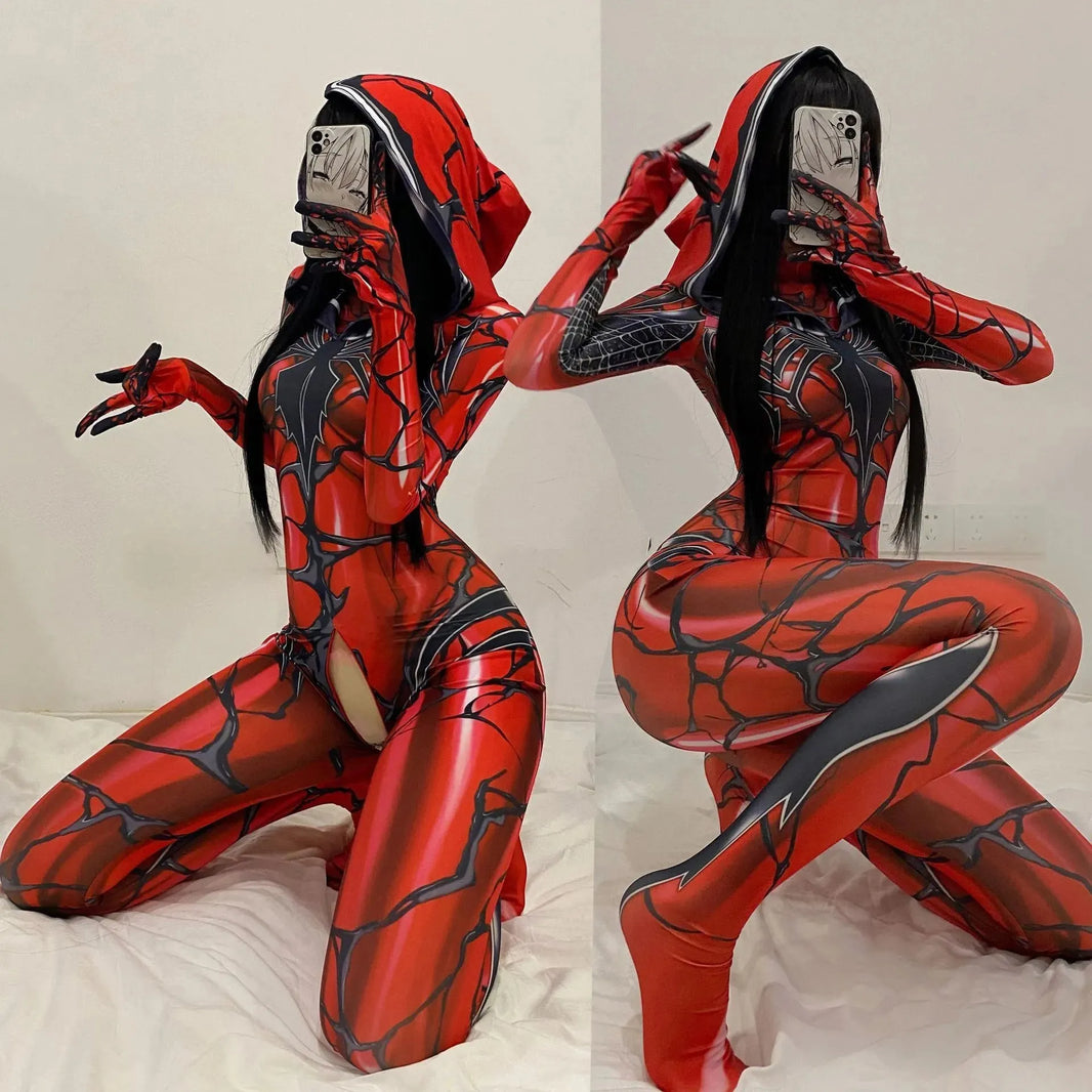 Halloween Cosplay -Kostümin weiblicher Reißverschluss Schritt sexy Dessous BodySuit Spider Man Kostüm