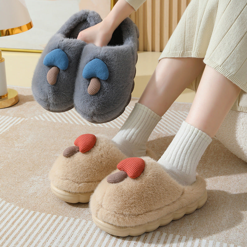 Cute Mushroom Cotton Slippers For Women Thick-soled Autumn And Winter Plush Slipper Indoor Non-slip Eva Household Furry Shoes