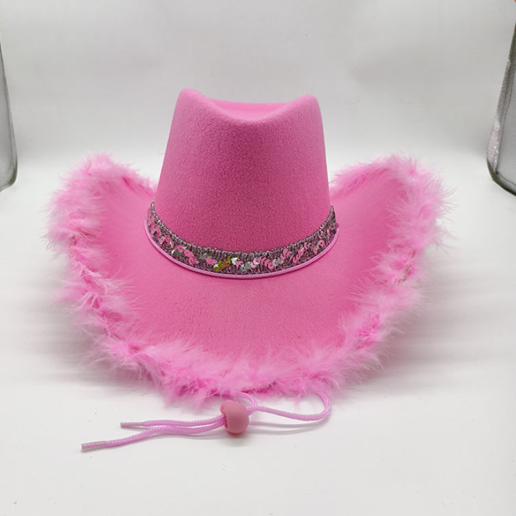 Trendy cowgirl hat Sequined Ribbon Upturned Eaves Raw Edge Denim Top Hat Pink Cowgirl Hat womens pink cowboy hat