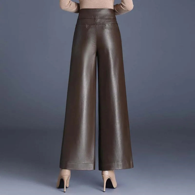 High Waist Thick Loose Big Leg Straight All-matching Wide Leg Leather trouser Pants For Women