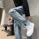 American Letter Embroidered Jeans High Street Fashion Brand Hip Hop Straight-leg Pants - EX-STOCK CANADA