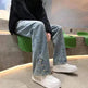 American Letter Embroidered Jeans High Street Fashion Brand Hip Hop Straight-leg Pants - EX-STOCK CANADA