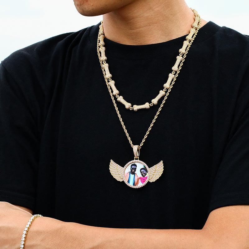 Angel Wings Medallions Custom Photo Pendant Necklace For Men Hip Hop Jewelry Iced Out Pendant Custom Engraved Name Memory Gift - EX-STOCK CANADA