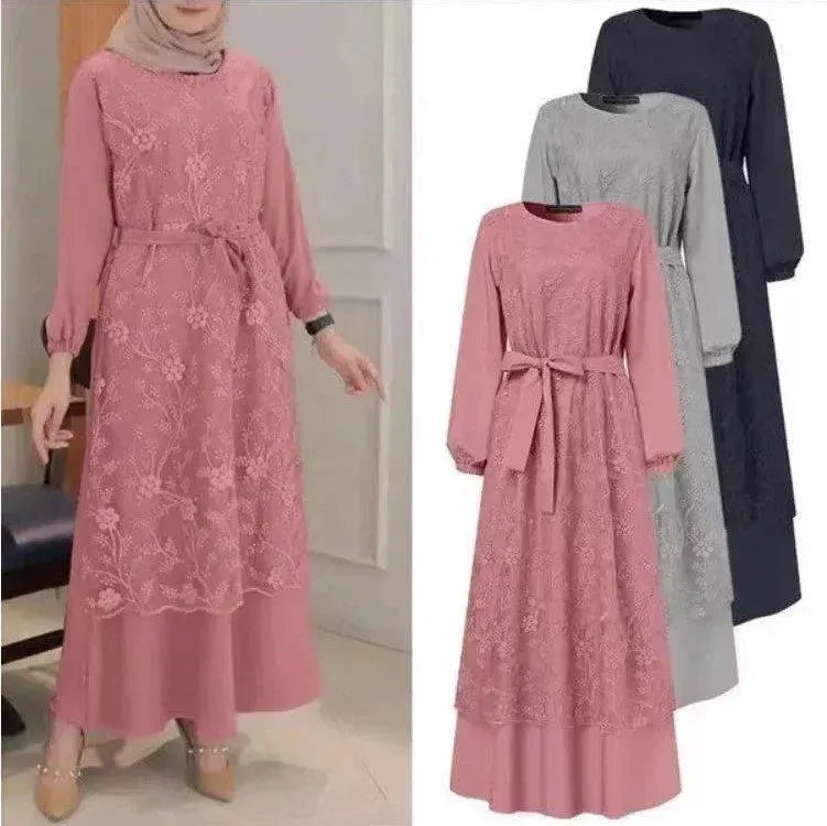 Arab Round Neck Lace Floral Dress - EX-STOCK CANADA