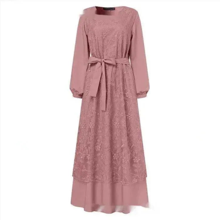 Arab Round Neck Lace Floral Dress - EX-STOCK CANADA