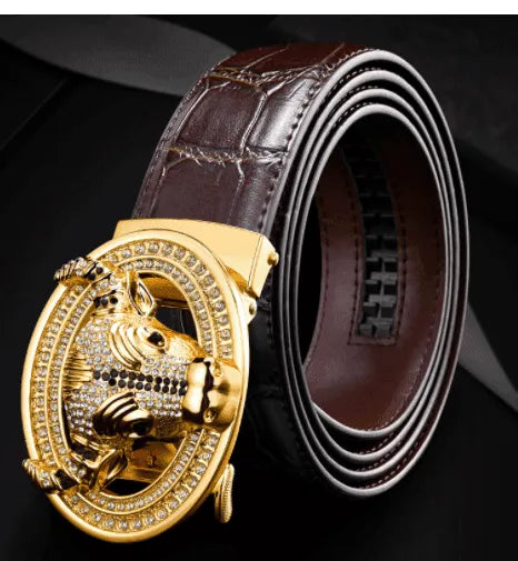 Automatic Buckle Leather With Diamond-studded Pattern Bull Head Belt - EX-STOCK CANADA