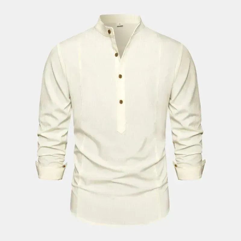 Autumn Solid Color Stand Collar Casual Long Sleeve Cotton And Linen Men's Shirt - EX-STOCK CANADA