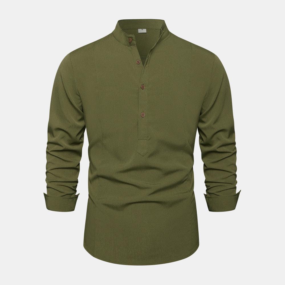 Autumn Solid Color Stand Collar Casual Long Sleeve Cotton And Linen Men's Shirt - EX-STOCK CANADA