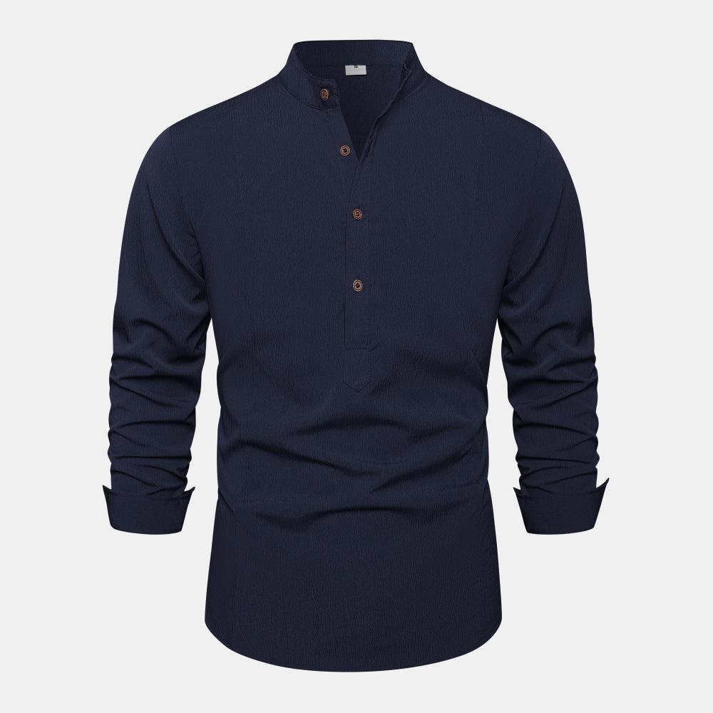 Autumn Solid Color Stand Collar Casual Long Sleeve Cotton And Linen Men's Shirt - EX-STOCK CANADA
