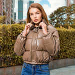 New Leather Puffer Cropped Jacket Warm Stand Collar Short Coat Y2K Cotton padded Jacket Women