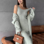 2pcs Knitted Suit Fashion Slim Sleeveless Long Dress And Casual Loose Cardigan Spring Fall Women's Clothing