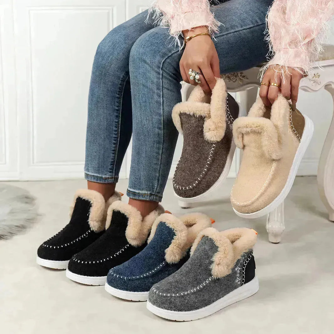 Talla grande bordeado de vellón más grueso con el borde crudo de fondo plano de plano plano zapatillas de invierno para mujeres