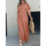 Fashion Bat-sleeved V-neck Slit Dress Summer Beach Short Sleeve Elastic Waist Split Long Dresses Womens Clothing