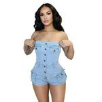 Strapless denim jumpsuit denim tube top jumpsuit  Denim short Jumpsuit women Denim Short Rompers jean romper shortsjean jumpsuit shorts