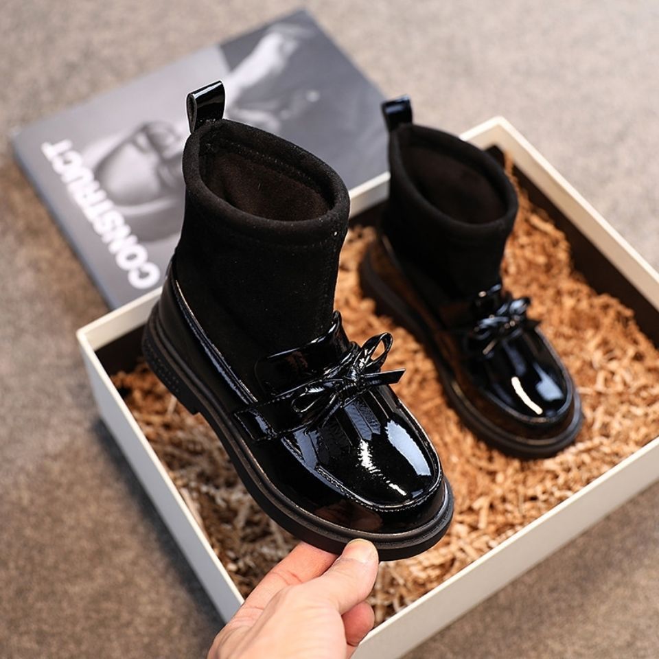 Black Patent leather boots for girls Woolen Winter boot for girls