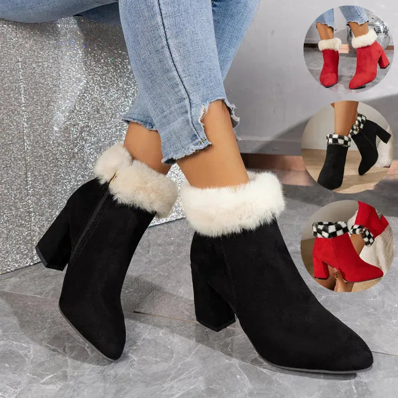 New Plaid Print Plush Ankle Boots Winter Fashion Square Heel Suede Boots Women Casual Versatile Shoes Autumn And Winter