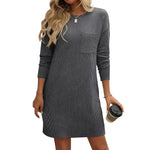 Casual New Solid Color Striped With Pockets Long Sleeve Loose Mini Dress Fashion Round Neck Straight Dress Women's Clothing