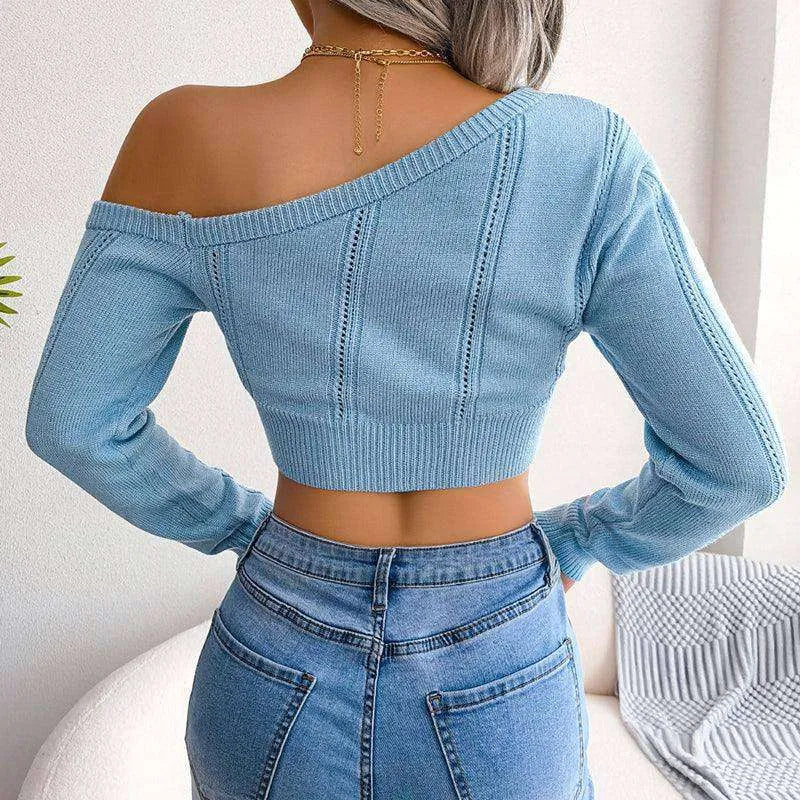 Bare Shoulders Knitted Sweater Women Long Sleeve Short Pullover Clothes - EX-STOCK CANADA
