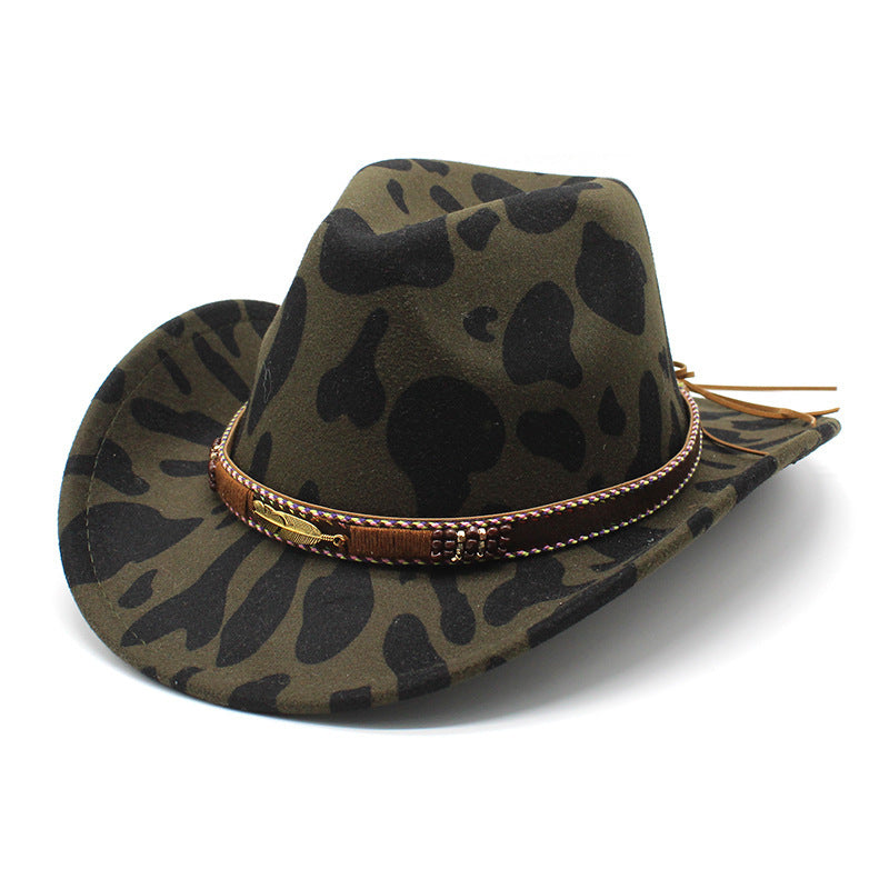 Western Style Camo Cowboy Hat Woolen Felt Cow Pattern Big Brim Wide Brim Denim Top Hat Camouflage Cowboy Cowgirl Hat