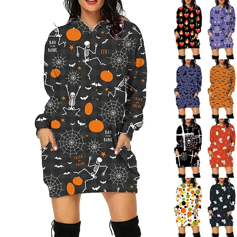 Halloween Imprime à sweat à capuche long avec des poches Pull à manches longues Vêtements Femmes