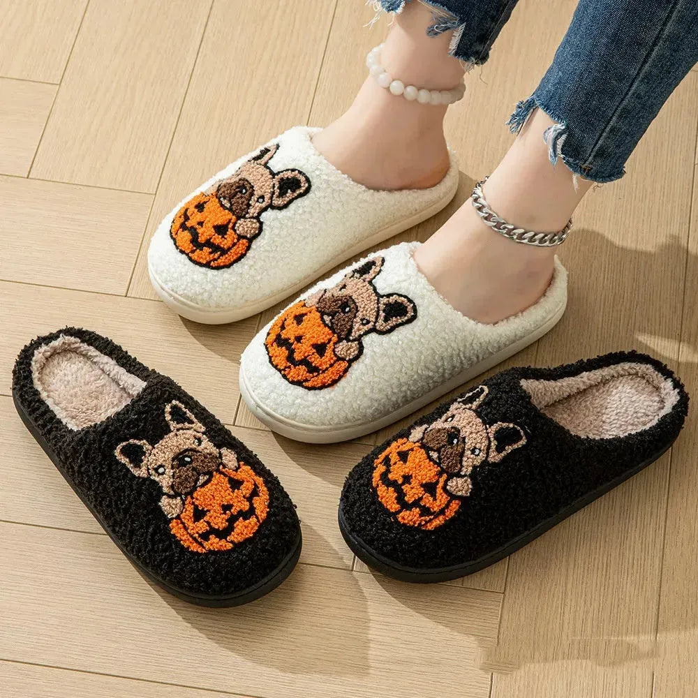 Halloween Pumpkin Dog Sticked Pantoffers Cartoon Nicht-Rutsch-Samt-Baumwollschuhe Homme Pantoffeln für Frauen.