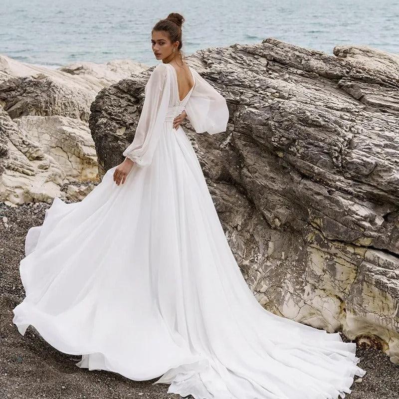Beach Boho Wedding Dress Puff Sleeve V Neck Bridal Gown - EX-STOCK CANADA