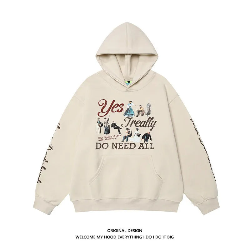 American Retro Washed Distressed Cartoon Letter Print Pullover Hoodie Sweatshirt