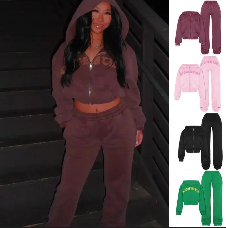 Ins Letter Sports Suit Zip-up Hooded Cropped Sweatshirt  jogging  pant tracksuit Fashion Womens Clothing Two piece joggers