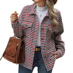 Casual Houndstooth Lapel Tweed Button long sleeve shirt tops for women