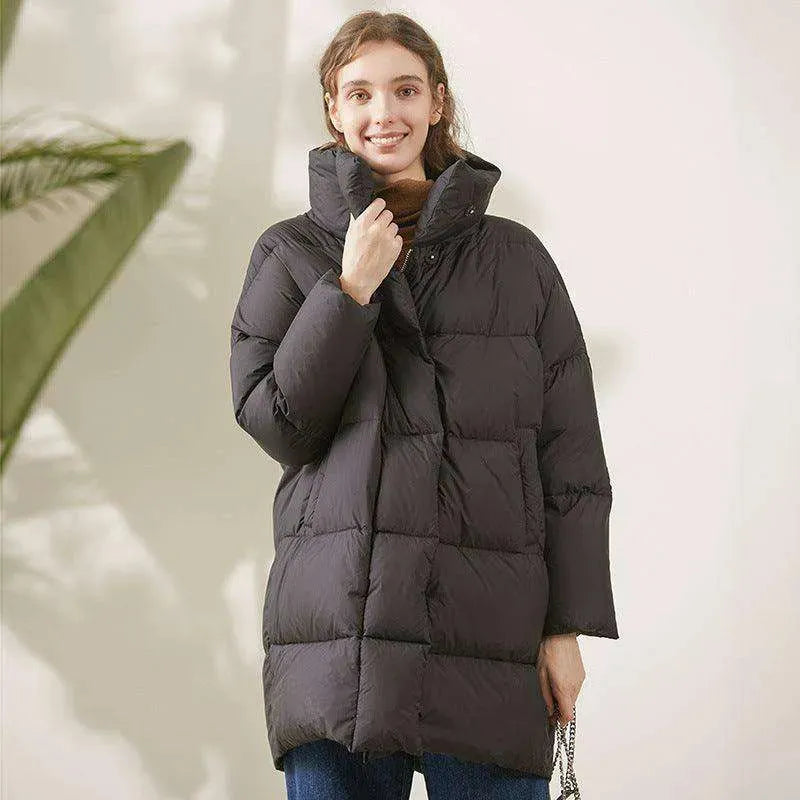 Black Silhouette Down Jacket Women Standing Collar Mid-length - EX-STOCK CANADA