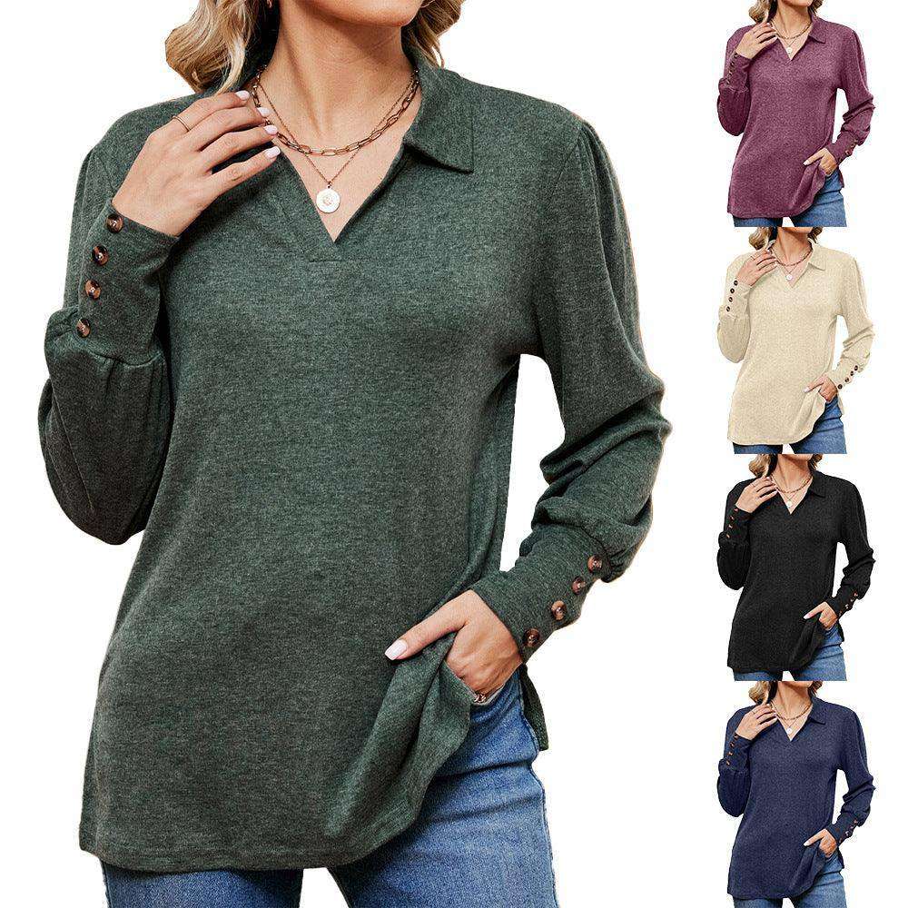 Button Loose-fitting Sanding T-shirt Top For Women - EX-STOCK CANADA