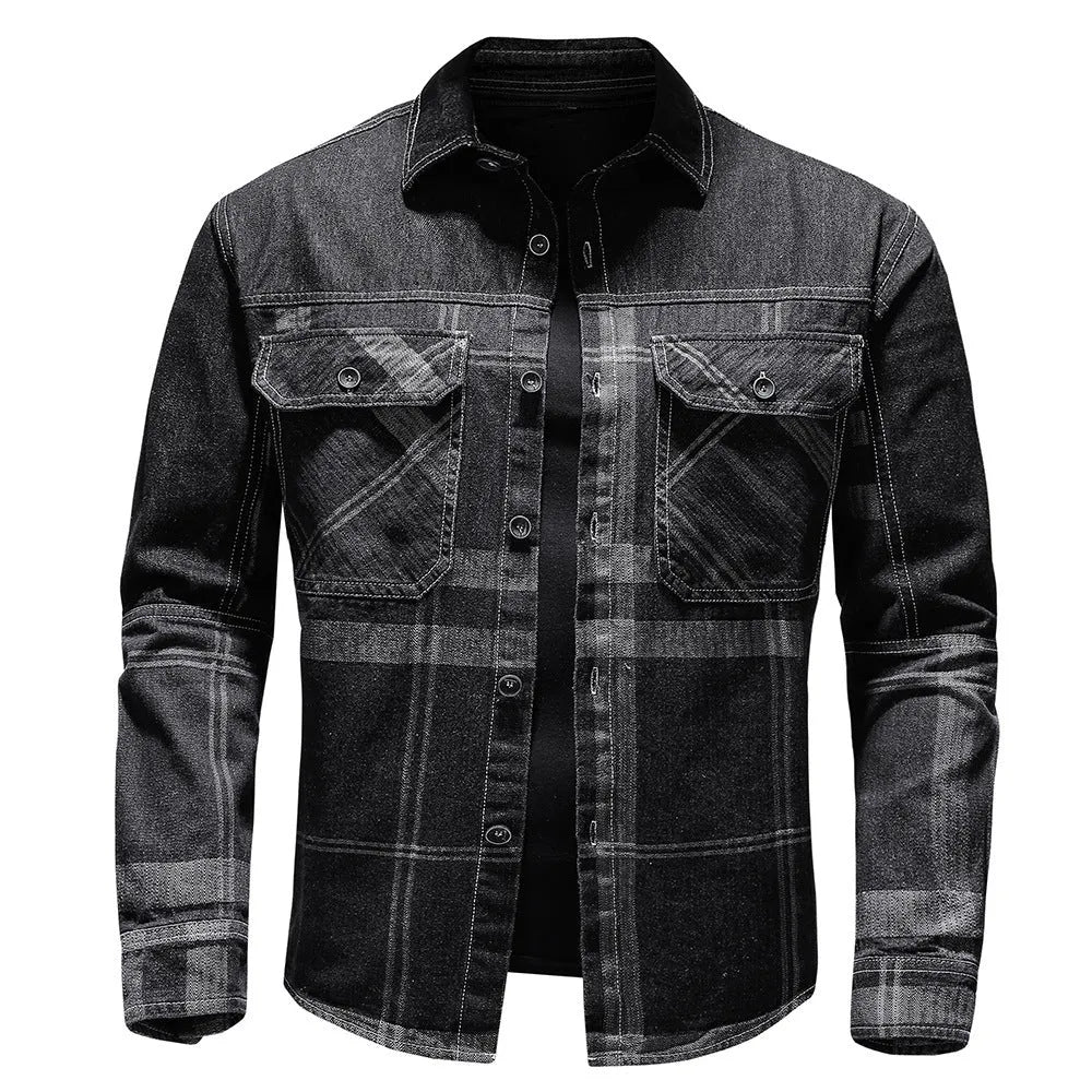 Fashion Plaid Denim Long-sleeved mens denim shirt Slim fit Jeans Shirt for men Denim top for men