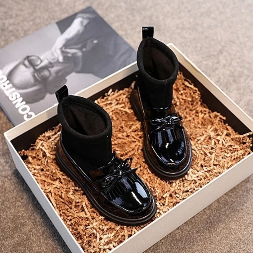 Black Patent leather boots for girls Woolen Winter boot for girls