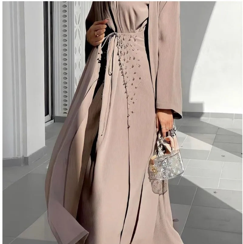 Abito musulmano 3 pezzi Dubai Abaya con turbante abbellito Abaya