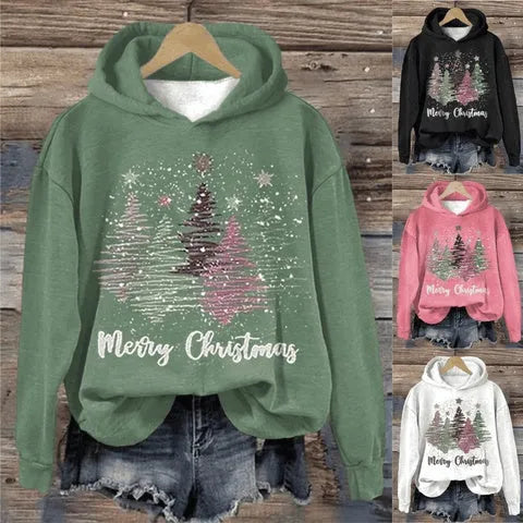 Round Neck Hooded Long Sleeve Four Christmas Trees Loose Sweater