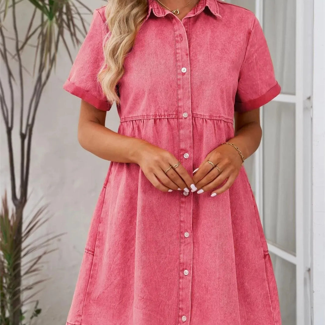 European And American Washed Denim Lapel Ruffled Denim Dress Jeans Flared dress Casual Denim mini dress