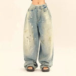 Washed Distressed Casual Loose Wide-leg Baggy Jeans Pant Splash-ink Design Slimming Unisex Style Mop Pants Men And Women