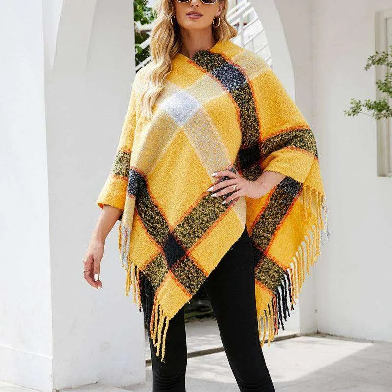 Cashmere Contrast Color Striped Cape Knitted Tassel Scarf - EX-STOCK CANADA