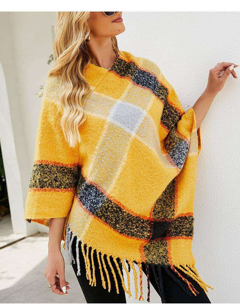 Cashmere Contrast Color Striped Cape Knitted Tassel Scarf - EX-STOCK CANADA