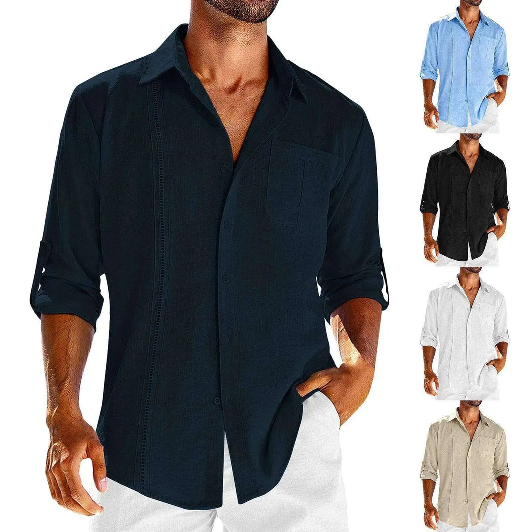 Casual Long Sleeve Shirt With Pocket Lace Polo Collar Solid Color Button Mens Clothing - EX-STOCK CANADA