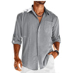 Casual Long Sleeve Shirt With Pocket Lace Polo Collar Solid Color Button Mens Clothing - EX-STOCK CANADA