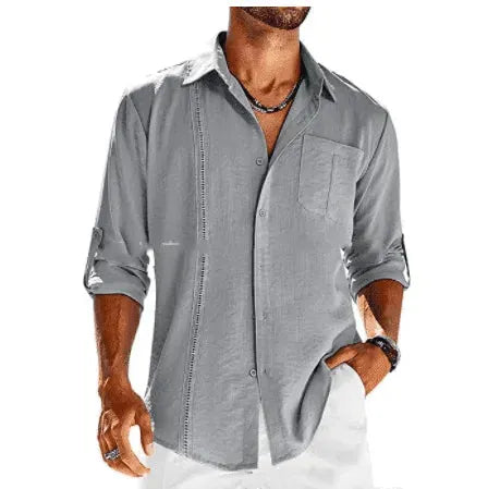 Casual Long Sleeve Shirt With Pocket Lace Polo Collar Solid Color Button Mens Clothing - EX-STOCK CANADA