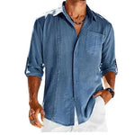 Casual Long Sleeve Shirt With Pocket Lace Polo Collar Solid Color Button Mens Clothing - EX-STOCK CANADA