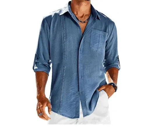 Casual Long Sleeve Shirt With Pocket Lace Polo Collar Solid Color Button Mens Clothing - EX-STOCK CANADA