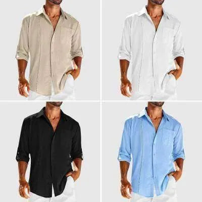 Casual Long Sleeve Shirt With Pocket Lace Polo Collar Solid Color Button Mens Clothing - EX-STOCK CANADA