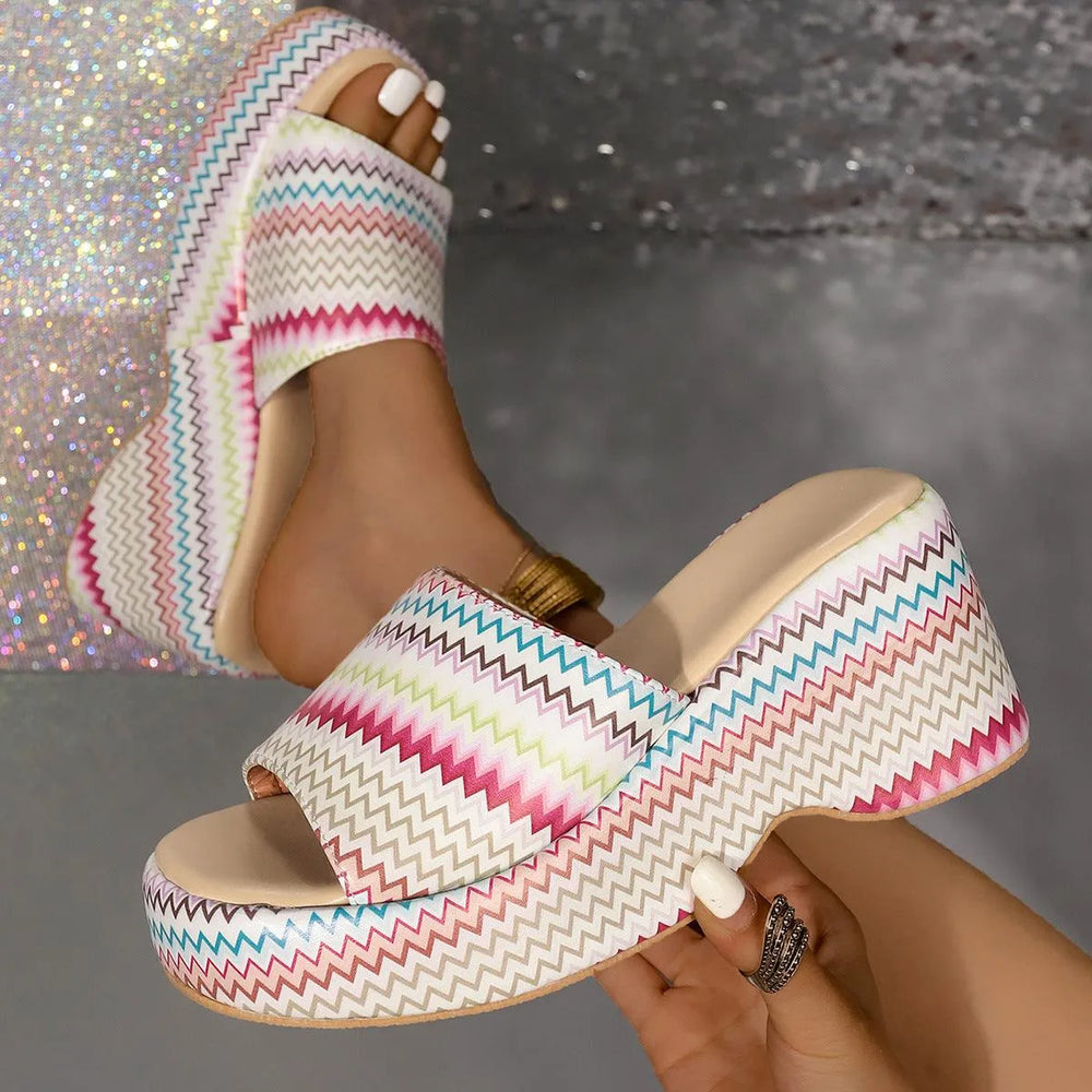 Casual Summer Fashionable Colorful Wave Print Thick Wedge Heel Women Slippers - EX-STOCK CANADA